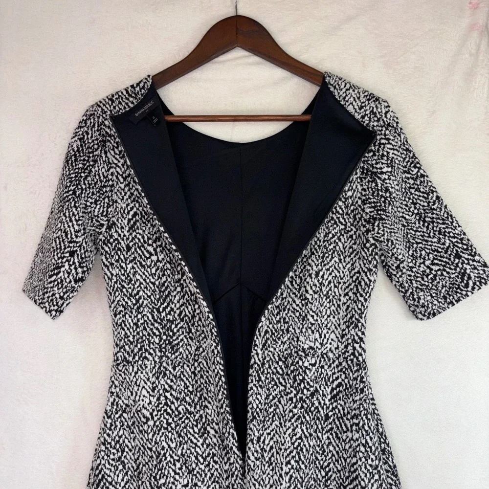 BANANA REPUBLIC Black Short Dress Sleeve White Tweed Scoop Office Work Knee Mini